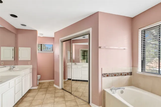 a bathroom with a tub a sink and a mirror