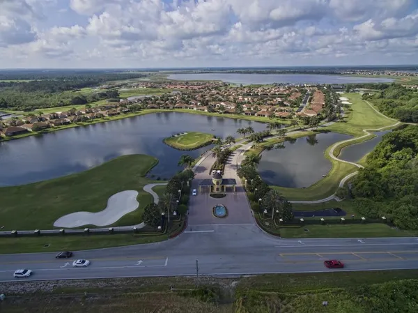 an aerial view of a house with a garden