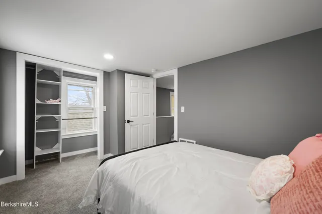 a bedroom with a bed and a closet