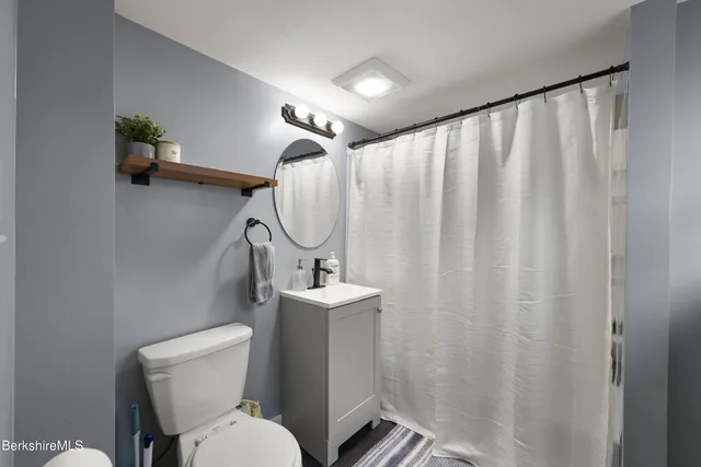 a bathroom with a toilet sink and mirror