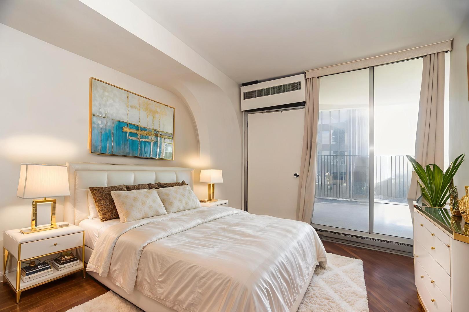 300 North State Street, Unit 5620 Chicago, IL 60654 - Photo 6 of 12 a bedroom with a bed and a potted plant