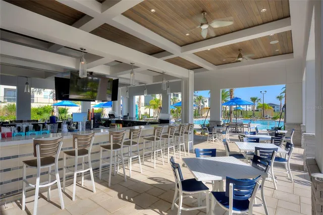 an aerial view of a swimming pool