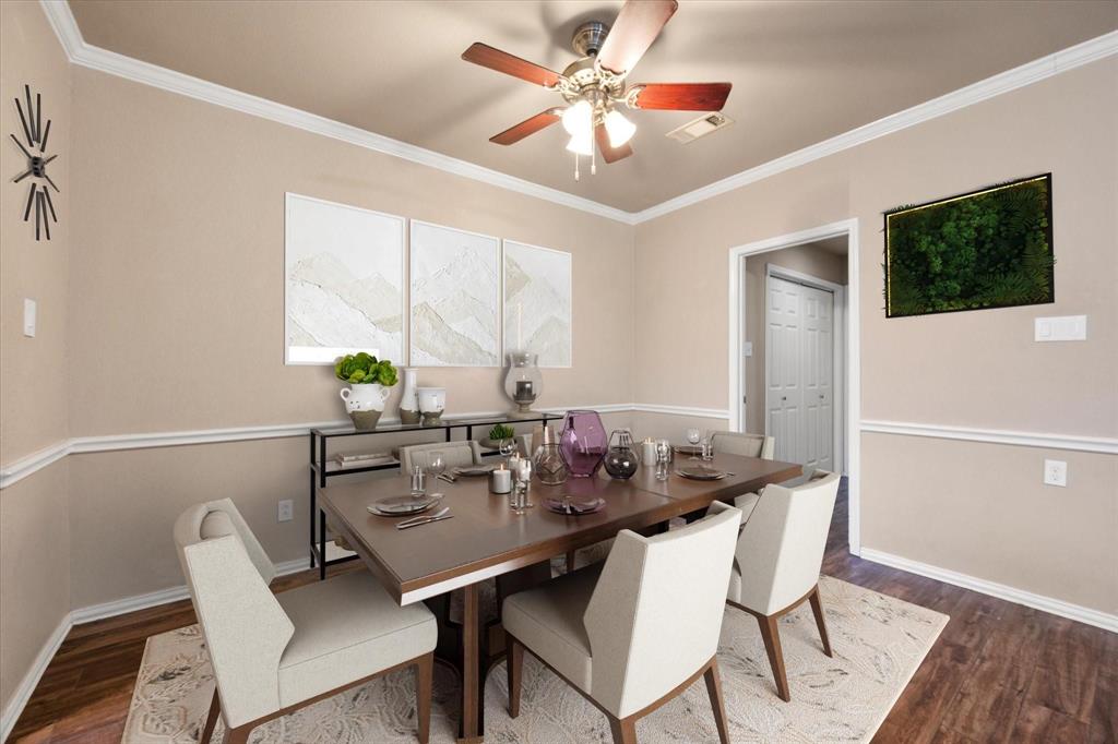 2312 Perkins Road Arlington, TX 76016 - Photo 12 of 29 VIRTUALLY STAGED Spacious living area featuring wood-finish flooring, neutral wall tones, and crown molding