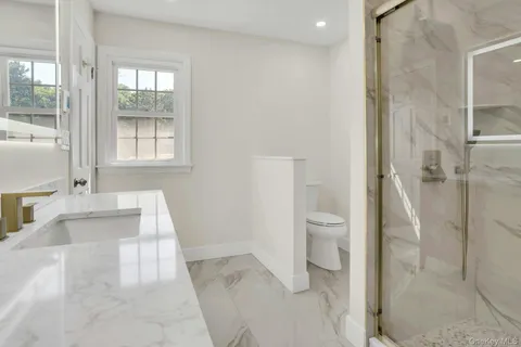 a bathroom with a granite countertop sink a toilet and a shower