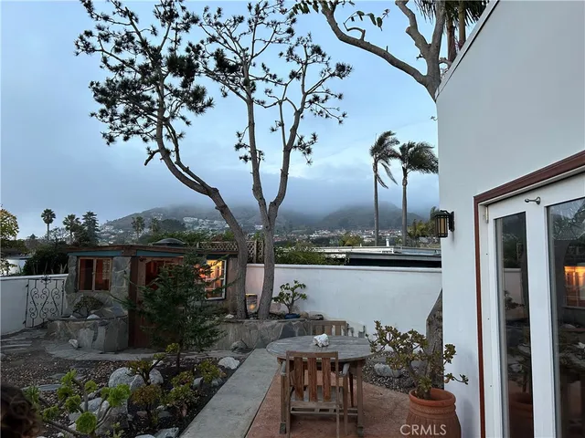 a view of a backyard with plants and lake view