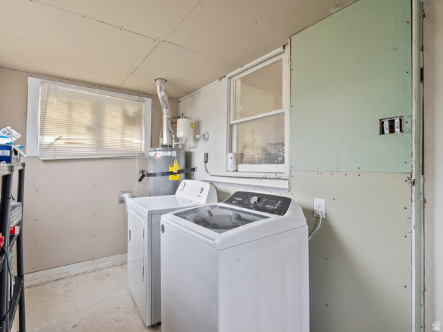 510 Canyon Road Ogden, UT 84404 - Photo 23 of 30 Laundry area featuring washing machine and clothes dryer, strapped water heater, and unfinished concrete floors