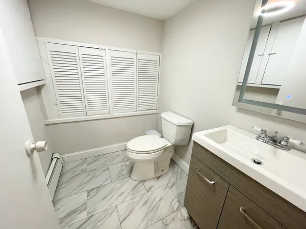 a bathroom with a sink a toilet and a mirror