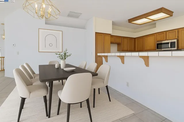 a view of a dining room with furniture