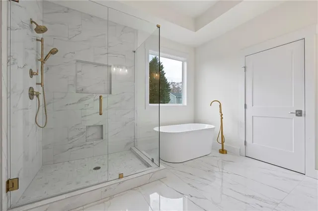 a bathroom with a shower and bathtub