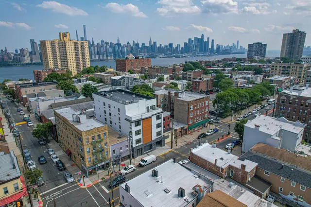 a city view with tall buildings