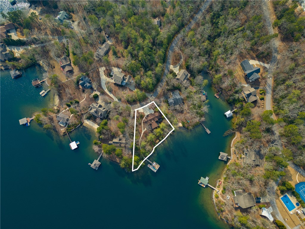 109 Deer Laurel Way Salem, SC 29676 - Photo 50 of 50 This elevated view captures a serene lakeside community with lush greenery and individual boat docks.