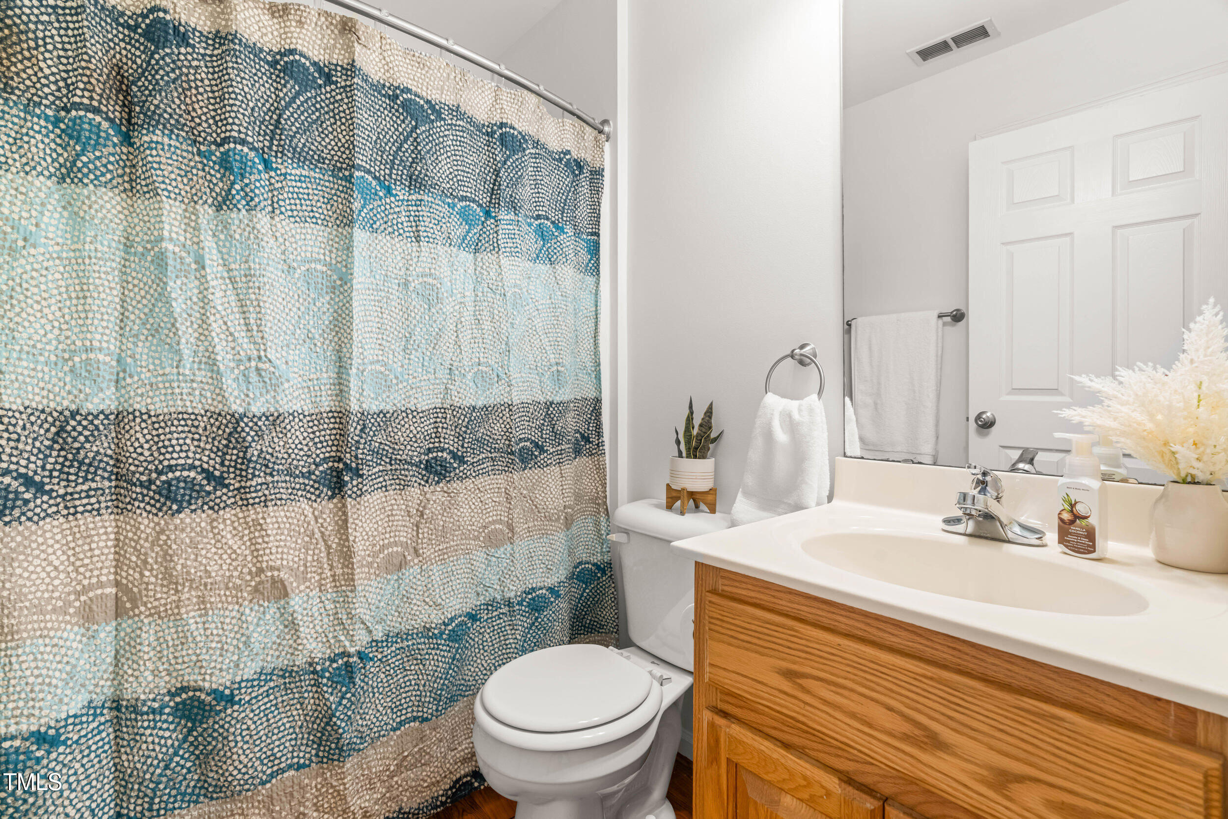 2221 Mountain Mist Court, Unit 201 Raleigh, NC 27603 - Photo 15 of 26 a bathroom with a sink a toilet and shower curtain