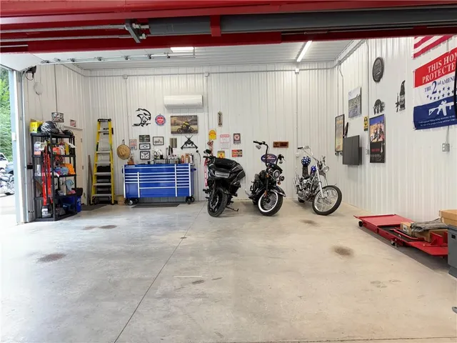 a view of a garage with storage