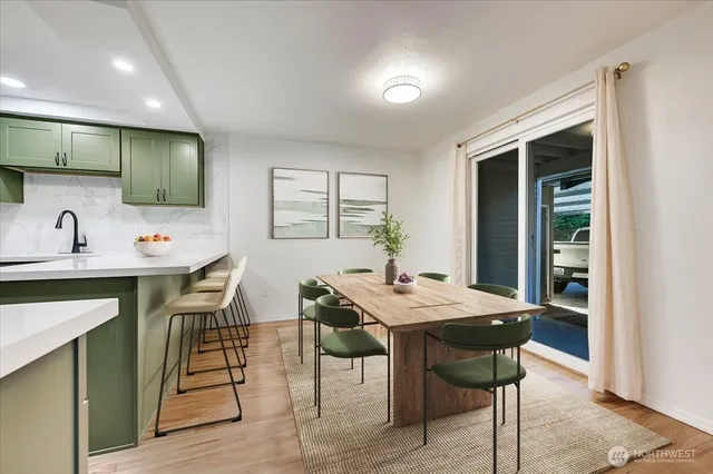 a view of a dining room with furniture