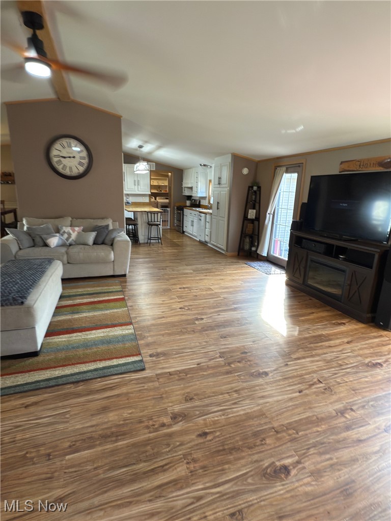 3868 Cook Road Rootstown, OH 44272 - Photo 5 of 44 Living area with vaulted ceiling, ceiling fan, and wood finished floors