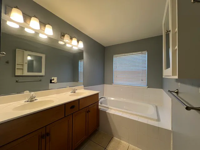 a bathroom with a tub sink and mirror