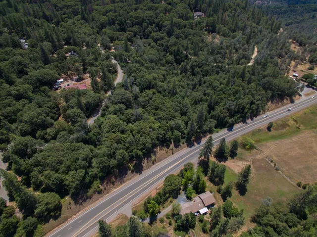 a view of a swimming pool and trees in the background