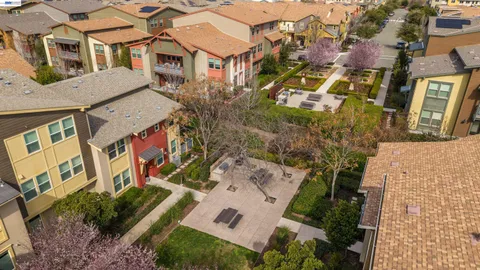an aerial view of residential houses with outdoor space and trees