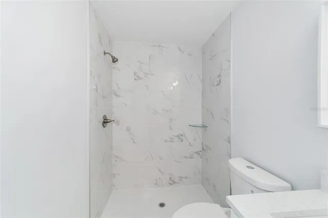 a bathroom with a shower and toilet