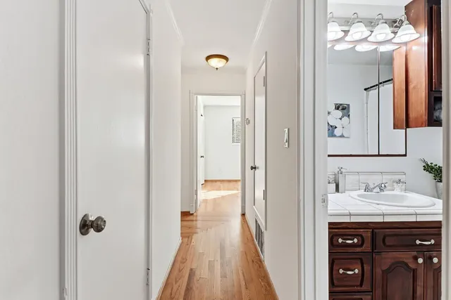 a bathroom with a sink vanity and a mirror