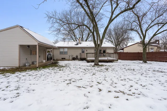 a backyard of a house with a large tree