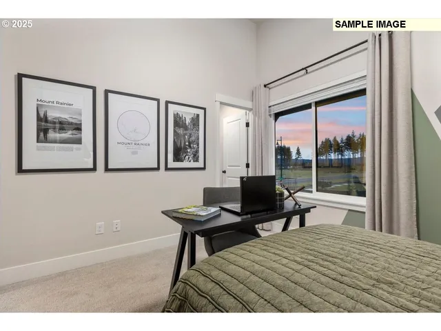 a view of a bedroom with furniture and windows