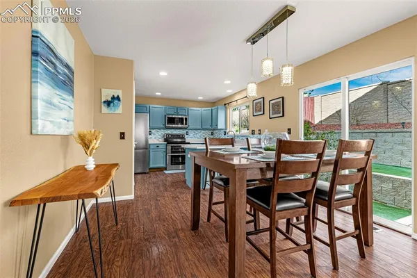a view of a dining room with furniture and wooden floor