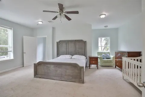 a living room with a bed furniture flat screen tv and windows