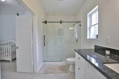 a bathroom with a granite countertop sink a toilet and shower