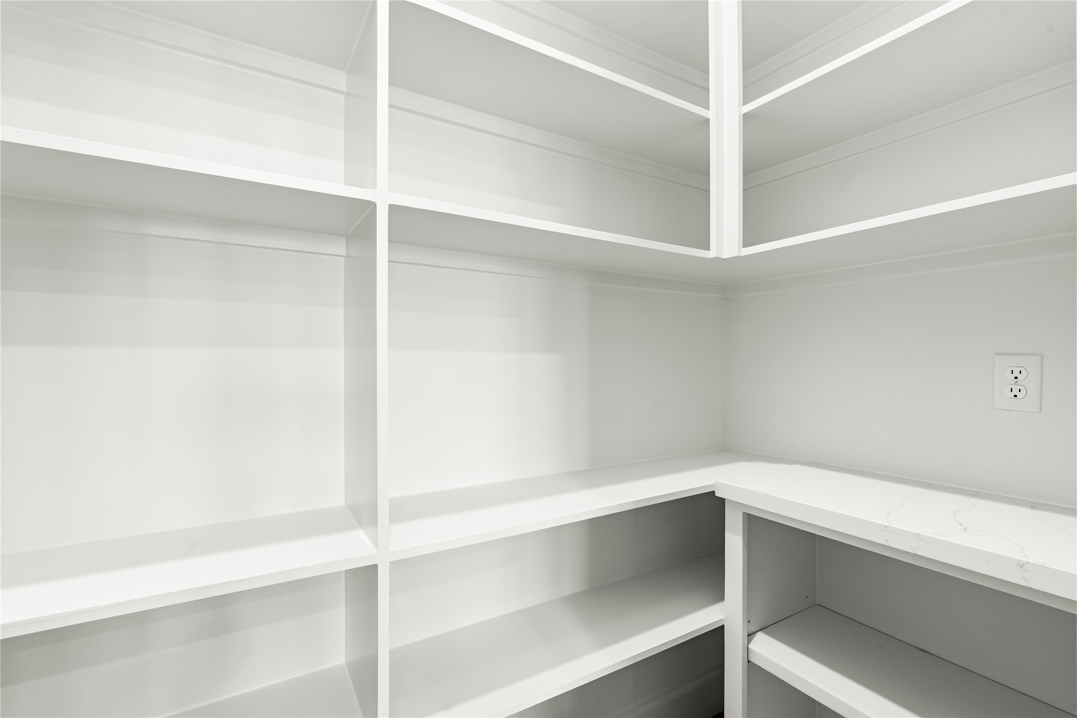 1614 Ojeman Road, Unit I Houston, TX 77055 - Photo 21 of 49 Spacious walk-in pantry featuring built-in shelves and a quartz countertop, complemented by a convenient electrical outlet for espresso machines or small appliances.