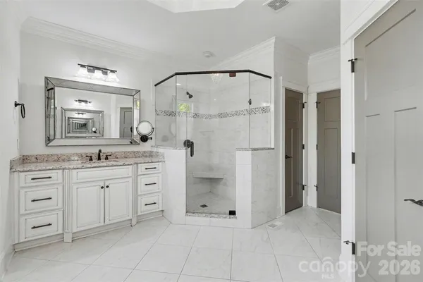 a bathroom with a granite countertop sink mirror and shower