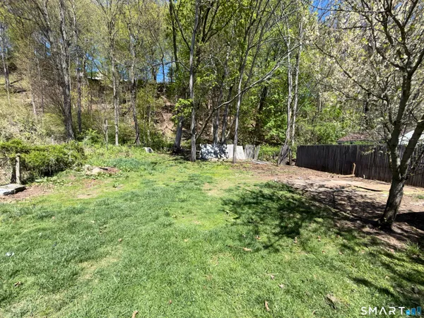 a view of a backyard with large trees