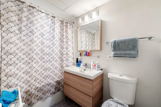a bathroom with a sink toilet and mirror