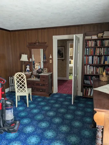 a living room with furniture a rug and a bookshelf