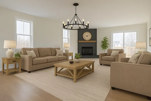 a living room with furniture a fireplace and a window