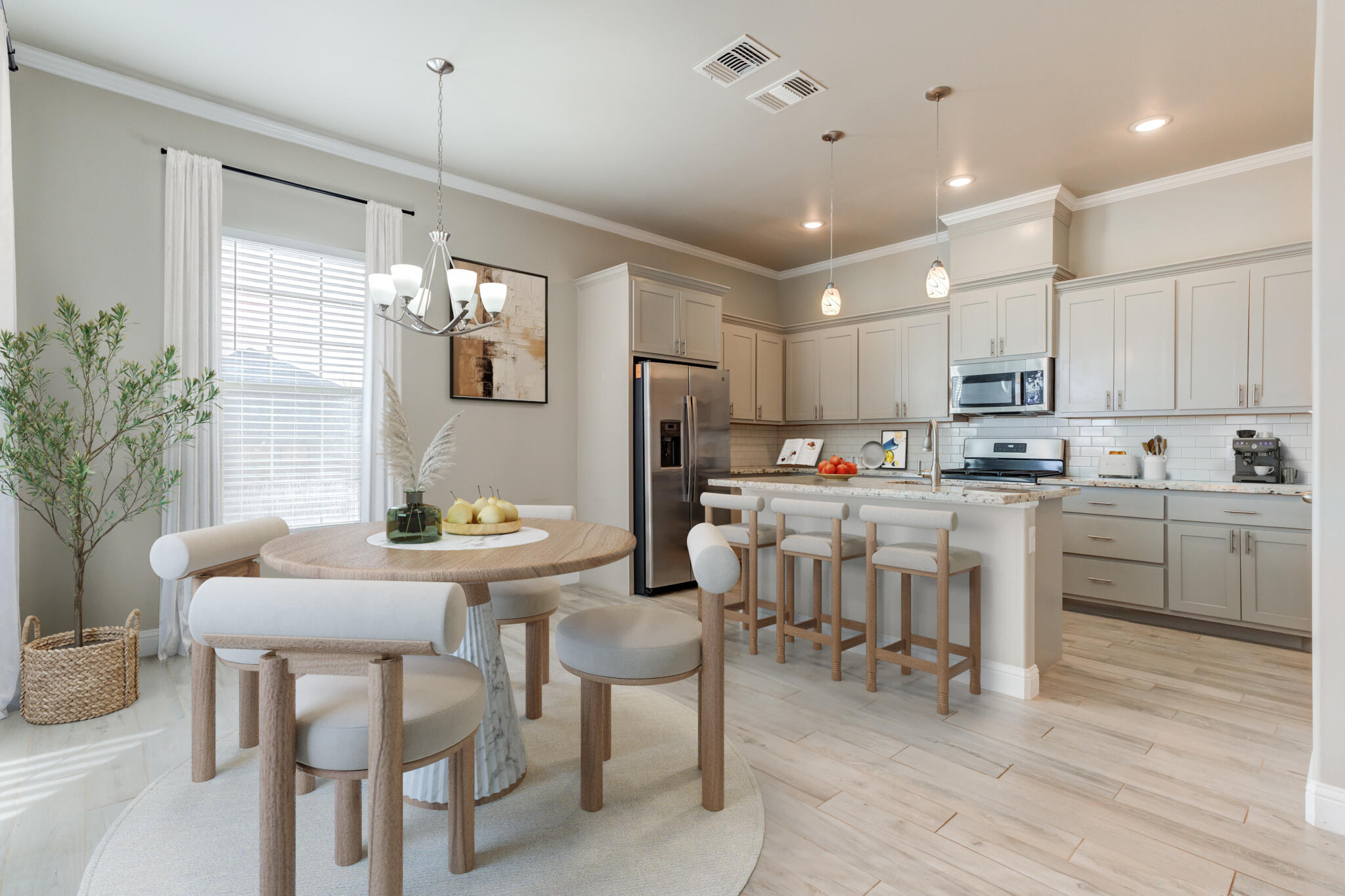 7633 87th Street Lubbock, TX 79424 - Photo 4 of 47 a kitchen with stainless steel appliances kitchen island granite countertop a table chairs and a refrigerator