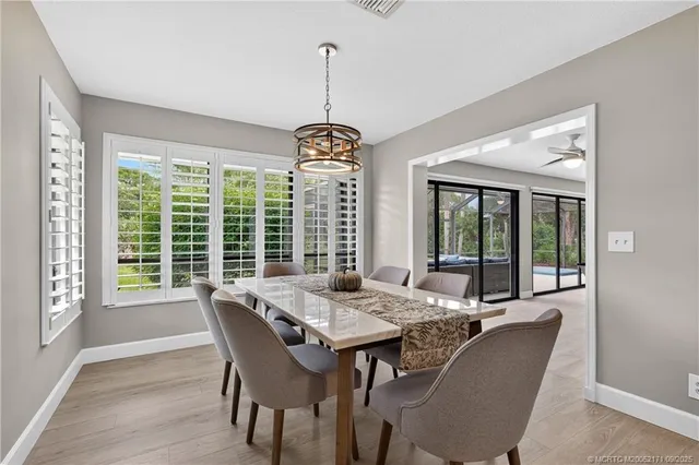 a view of a dining room with furniture window and outside view