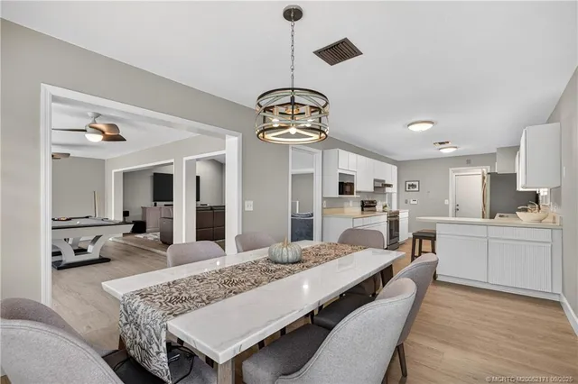 a view of a dining room with furniture