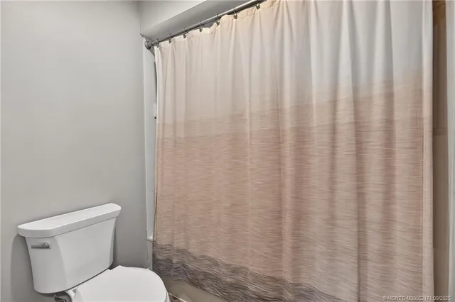 a white toilet sitting next to a shower curtain