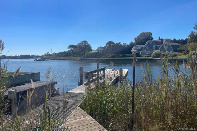 a view of a lake with houses in the back