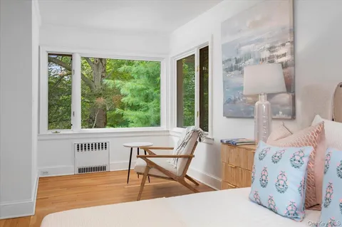 a view of a bedroom with a bed and glass door