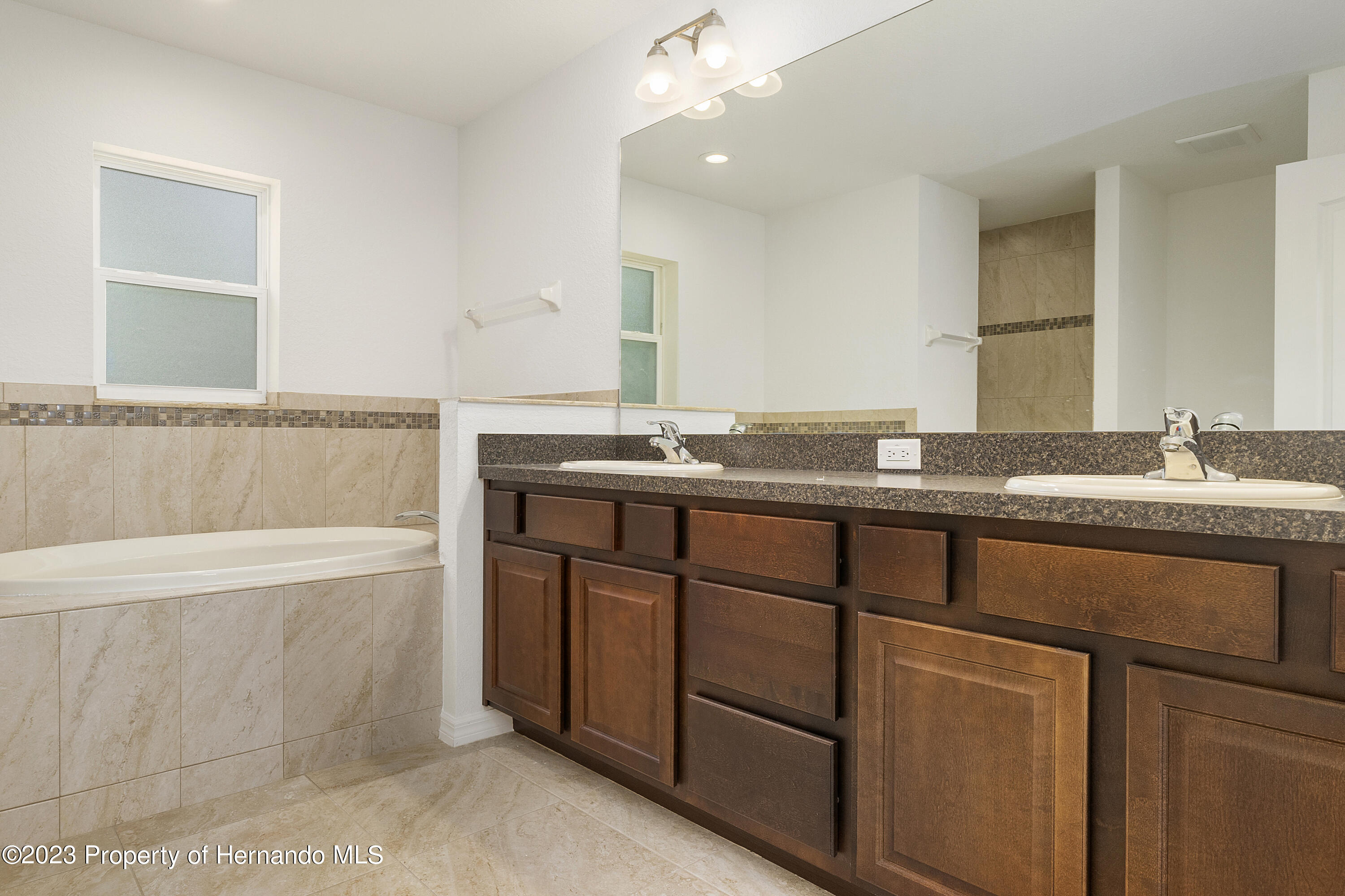 8433 Nightingale Road Weeki Wachee, FL 34613 - Photo 10 of 23 a bathroom with a granite countertop bathtub sink vanity and mirror