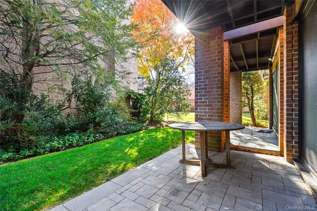a view of a backyard with table and chairs and potted plants