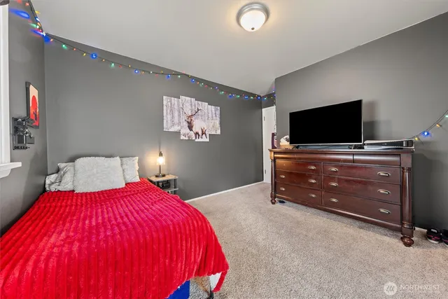 a bed room with a bed and a television