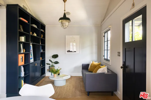a living room with furniture and a potted plant