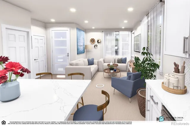 a living room with furniture and flowers