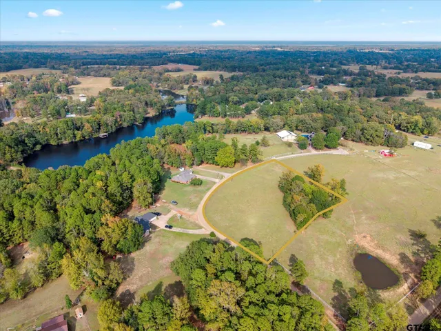 an aerial view of residential houses with outdoor space and trees