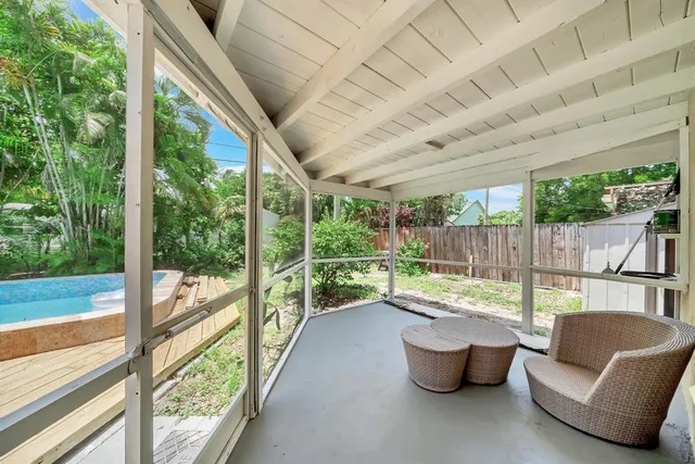 a garden view with a seating space