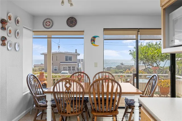 a view of a dining room with furniture window and outside view