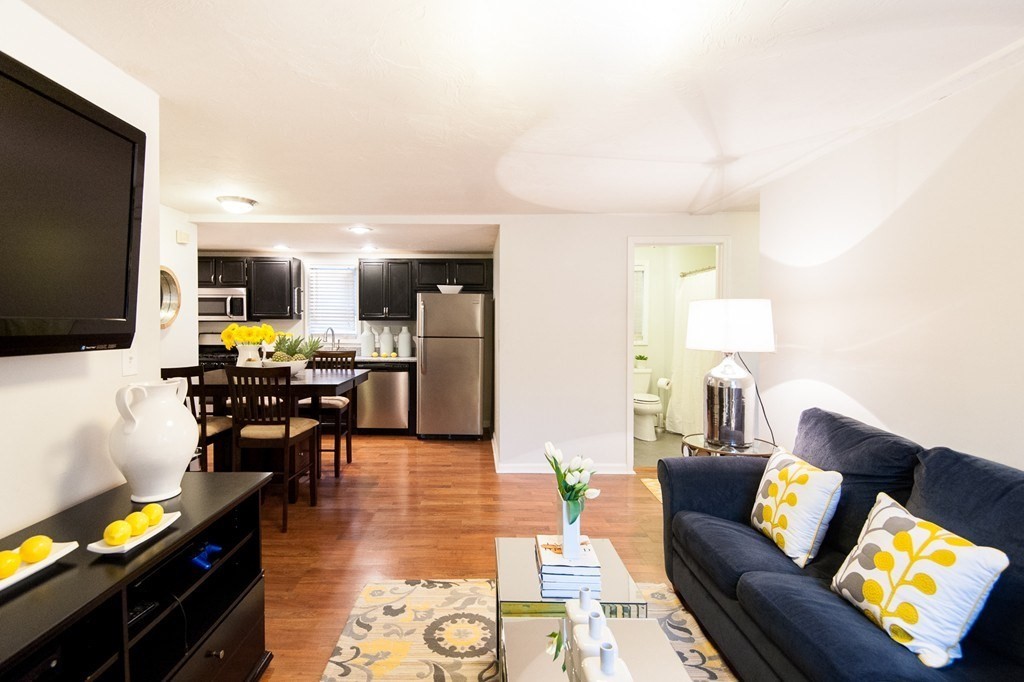 224 West Sixth Street, Unit 2 Boston, MA 02127 - Photo 1 of 18 a living room with furniture and a flat screen tv with kitchen view